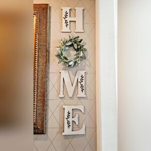 White HOME Leafy Wood Letters  with Green Wreath